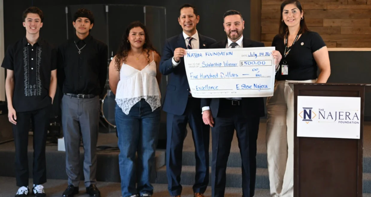 A group photo captures a scholarship presentation, with students and foundation members gathered around a ceremonial check.